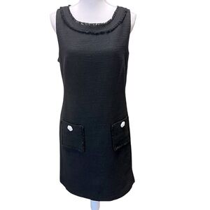 Karl Lagerfield‎ Black Sleeveless Tweed Sheath Dress Sz 12 Lined Rosette Buttons